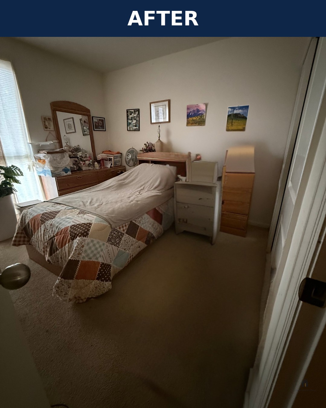 Bedroom before: mobility equipment blocking the walking path